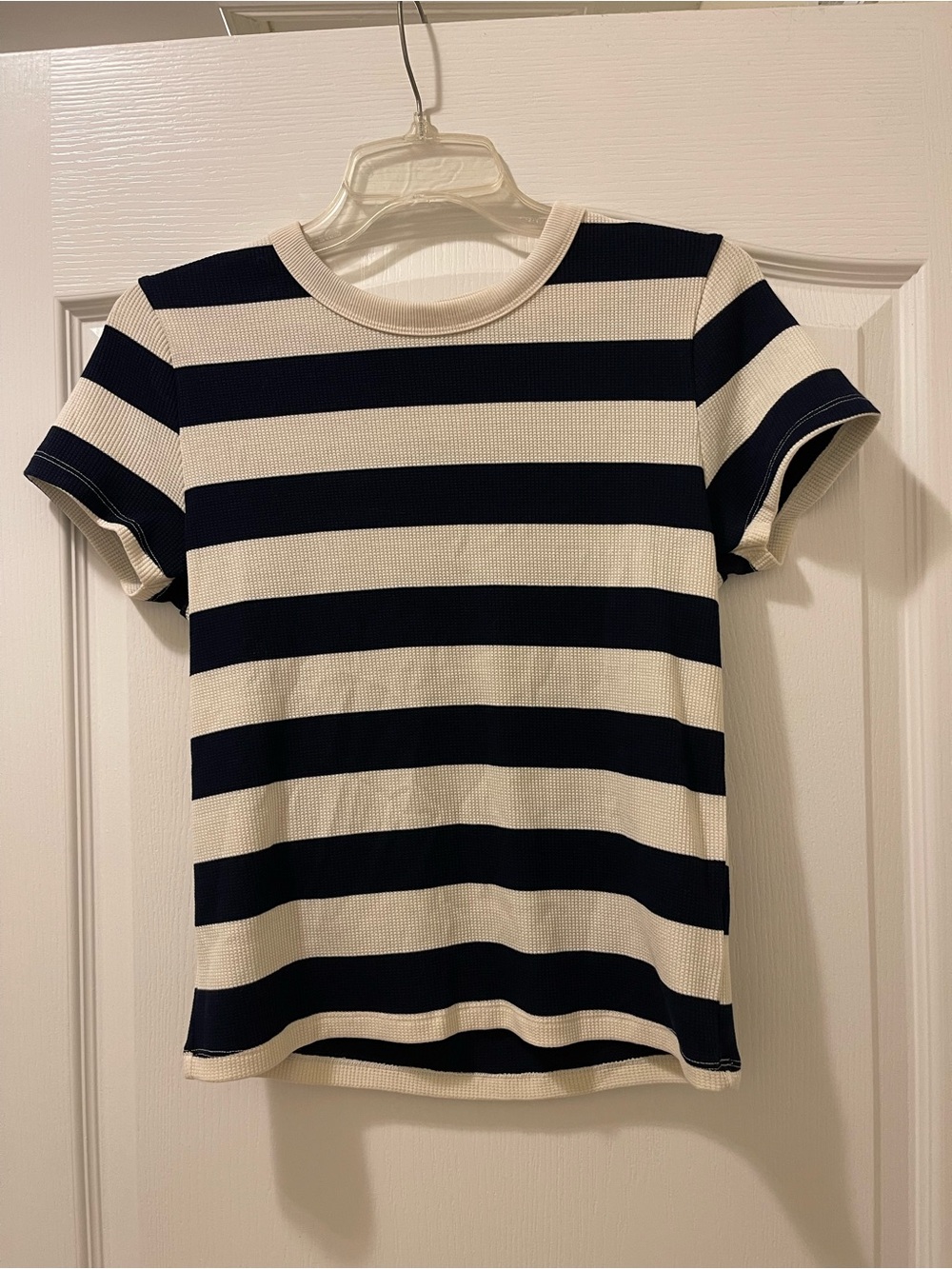 American Eagle Outfitters Navy and White Striped Hey Baby Waffle Crew Tee